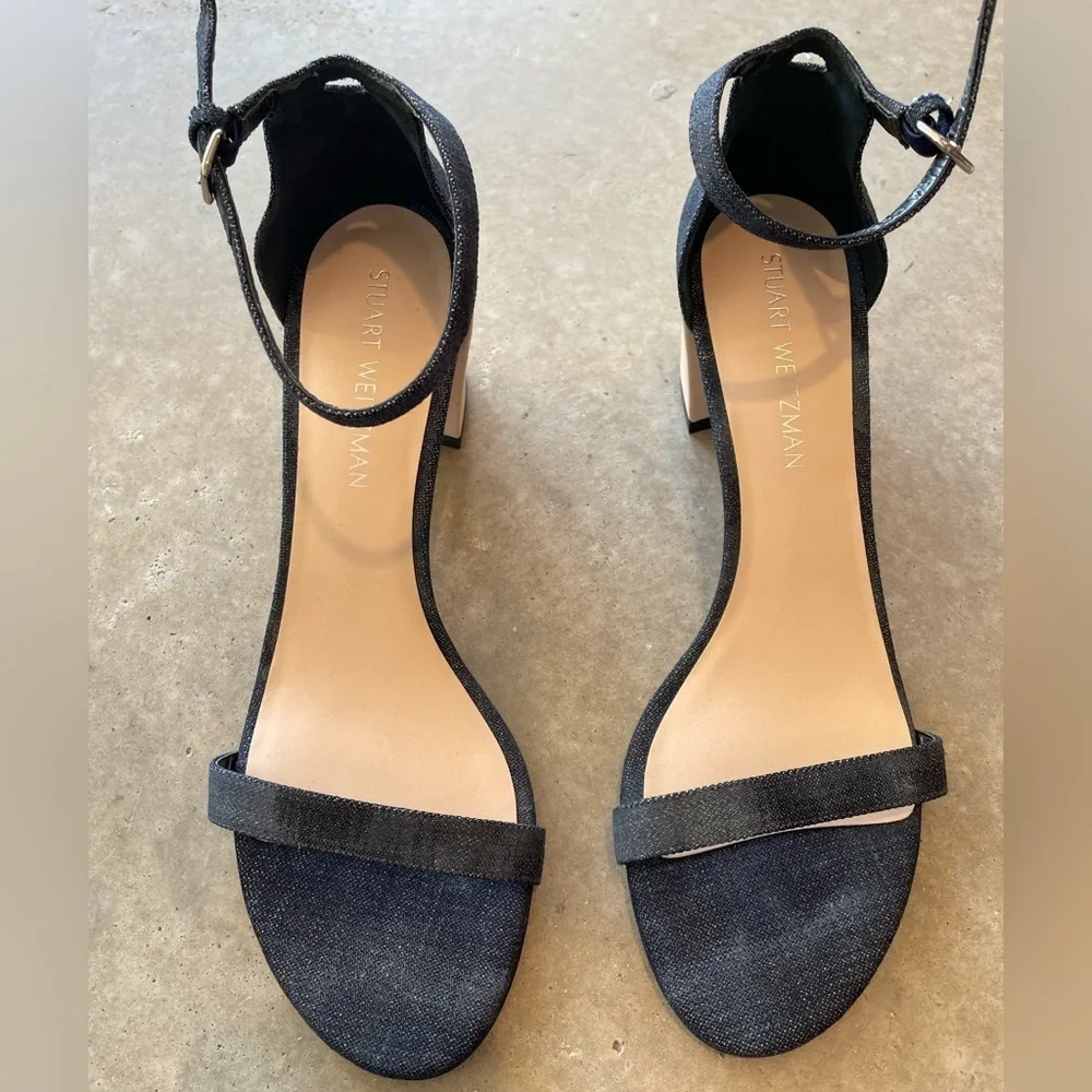 Stuart Weitzman Denim Ankle Strap Block Heel Sandals 9.5 Made in Spain